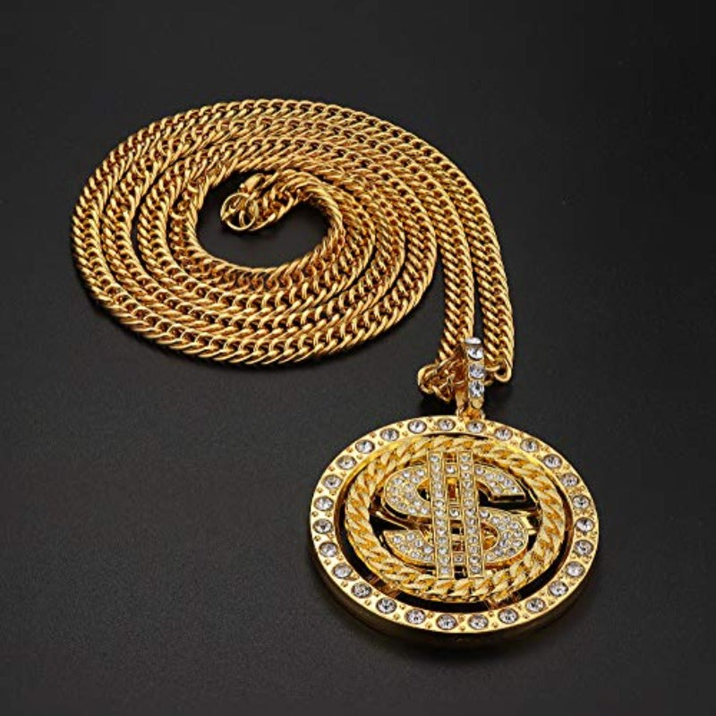 Set of 2. 18K Gold Plated Chain with Dollar Sign Pendant Necklace Old School Hip Hop Rotatable Dollar Necklace 80s 90s Rapper Costume - Samuels Jewelers