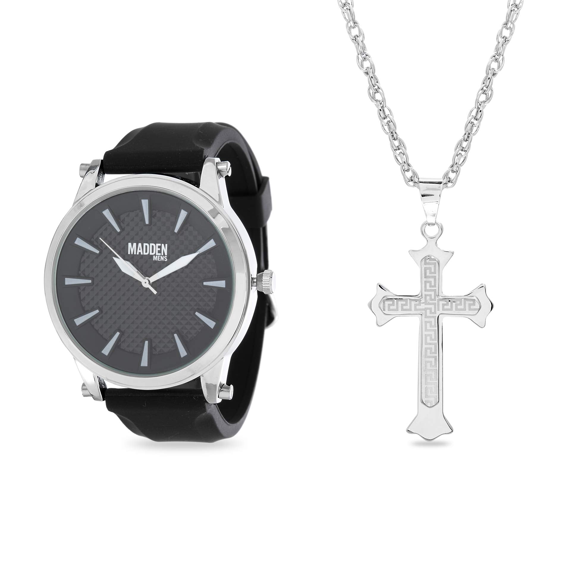 Rhodium Plated and Black Band Watch with Cross Pendant Necklace Jewelry Set - Samuels Jewelers