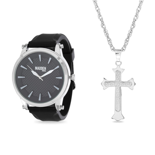 Rhodium Plated and Black Band Watch with Cross Pendant Necklace Jewelry Set - Samuels Jewelers