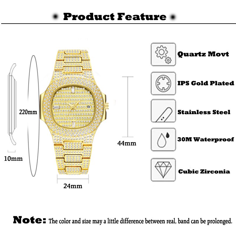 Top Luxury Brand Fashion 18K Gold Full Diamond Decorated Women's Men's Quartz Waterproof Ice Out Couple Watch Set - Samuels Jewelers