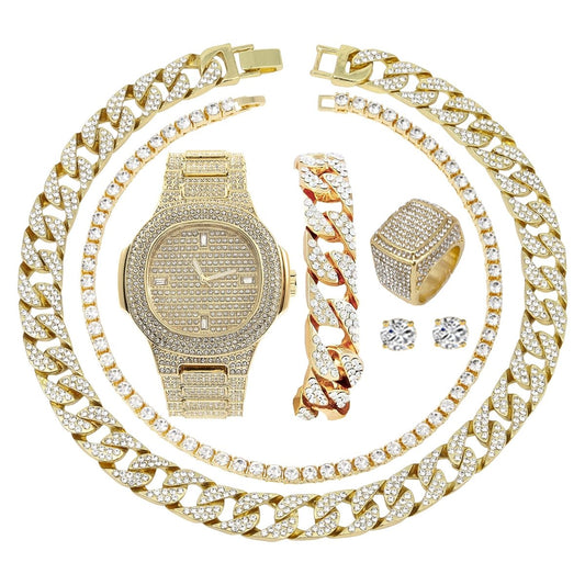 Gold Bling - ed Out Men Watch Cuban Chain Bracelet, Cuban Necklace Tennis Chain Ring - Samuels Jewelers