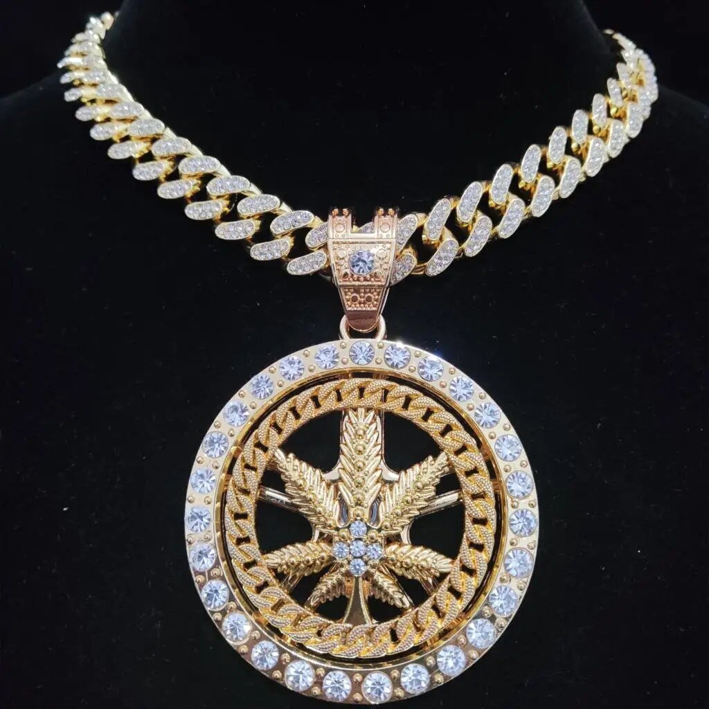 Hip Hop Iced Out Bling Rotatable Maple Leaf Pendant Necklace Cuban Chain - Samuels Jewelers