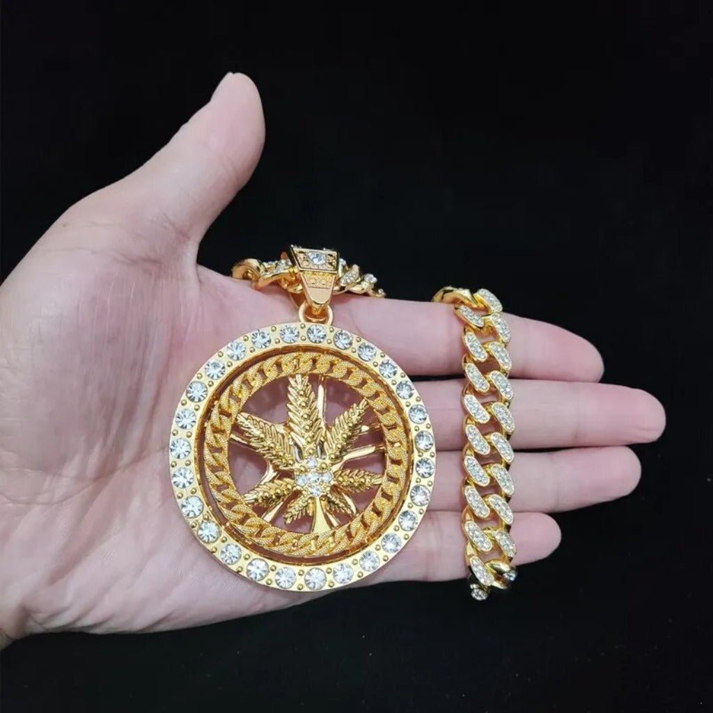 Hip Hop Iced Out Bling Rotatable Maple Leaf Pendant Necklace Cuban Chain - Samuels Jewelers