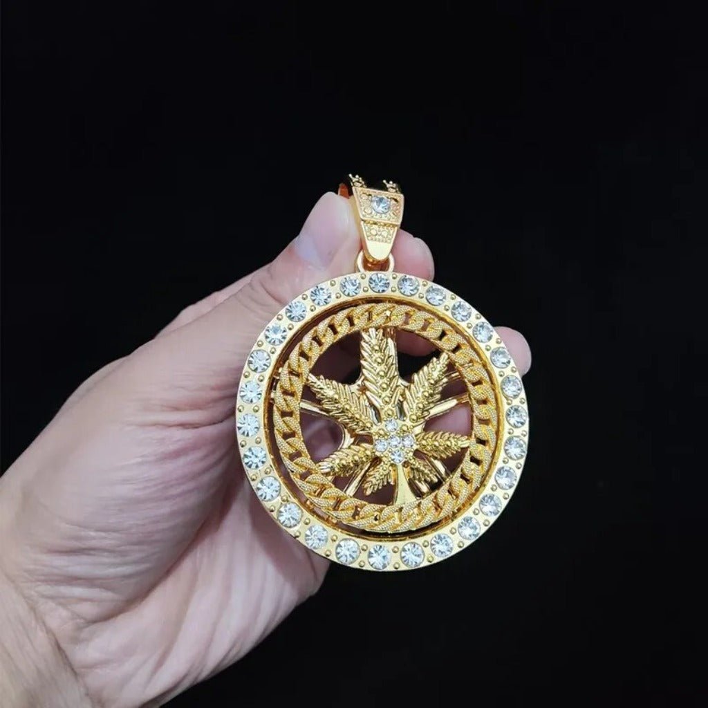 Hip Hop Iced Out Bling Rotatable Maple Leaf Pendant Necklace Cuban Chain - Samuels Jewelers