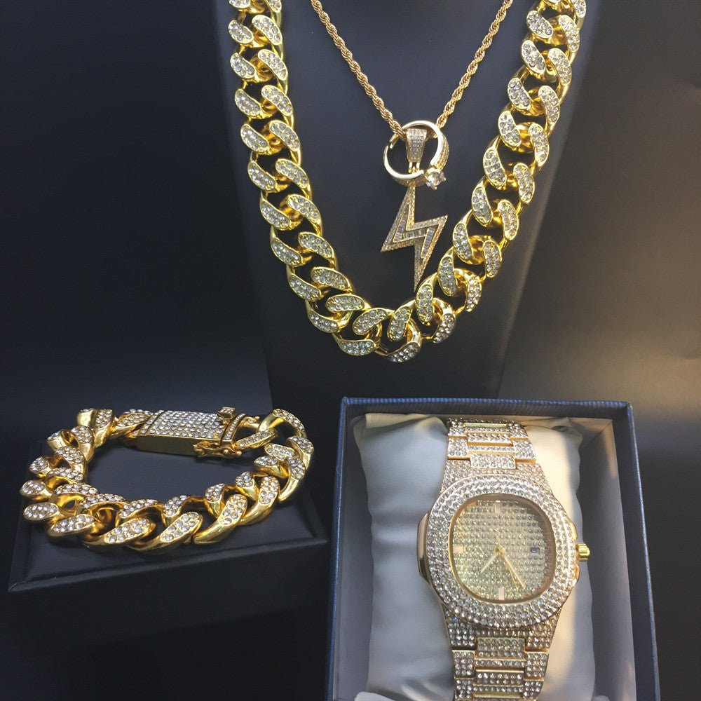 Luxury Hip Hop Necklace Watch Necklace Bracelet Ring Combo Ice Out Cuban Jewelry Set - Samuels Jewelers