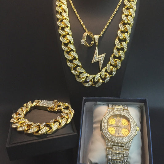 Luxury Hip Hop Necklace Watch Necklace Bracelet Ring Combo Ice Out Cuban Jewelry Set - Samuels Jewelers