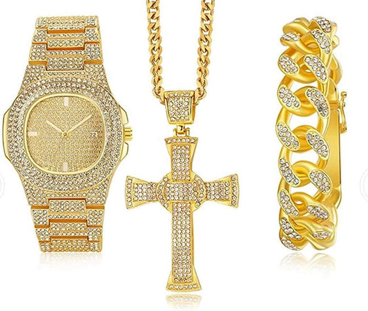 Luxury Ice and Gold Brilliance: 18K Gold Bracelet, Necklace, and Diamond Wristwatch Set - Samuels Jewelers