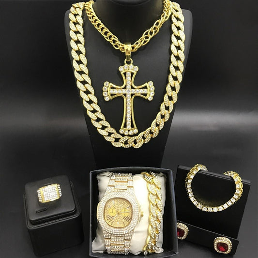 Gold Watch Necklace Bracelet Ring Earrings Ice Out Cuban Set - Samuels Jewelers