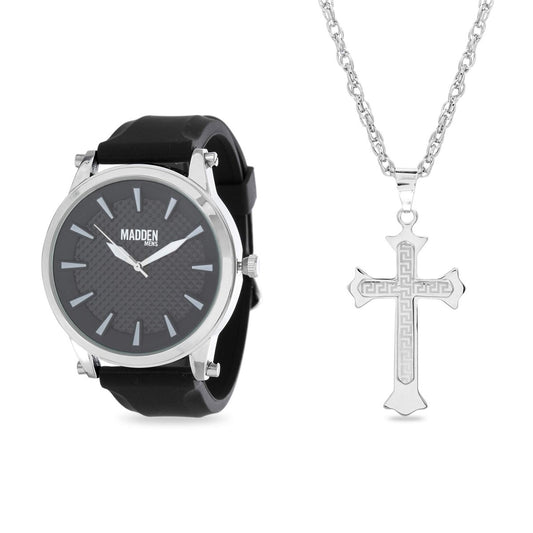 Rhodium Plated and Black Band Watch with Cross Pendant Necklace Jewelry Set - Samuels Jewelers