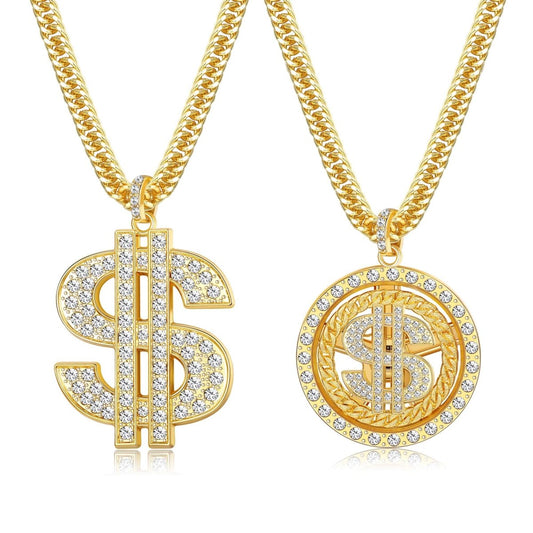 Set of 2. 18K Gold Plated Chain Pendant Necklace Old School Hip Hop Dollar Sign Necklace - Samuels Jewelers