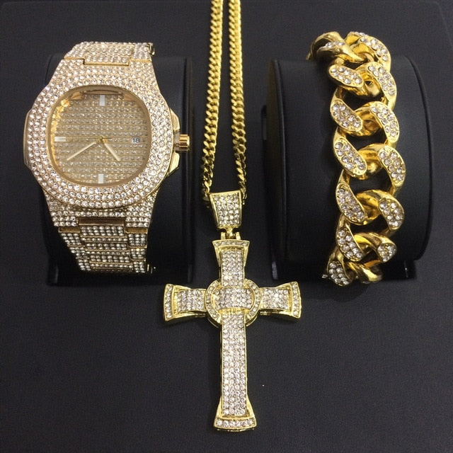 Luxury Watch Bracelet Necklace Combo Set Ice Out Cuban Hip Hop - Samuels Jewelers