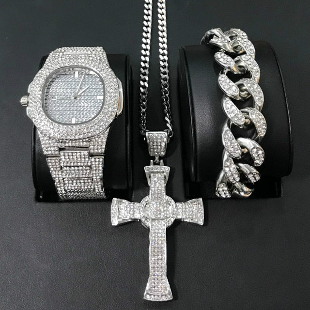 Luxury Watch Bracelet Necklace Combo Set Ice Out Cuban Hip Hop - Samuels Jewelers