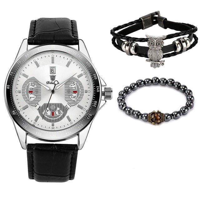 Elastic Bead Bracelet Braided Leather Chain Calendar Wristwatch - Samuels Jewelers